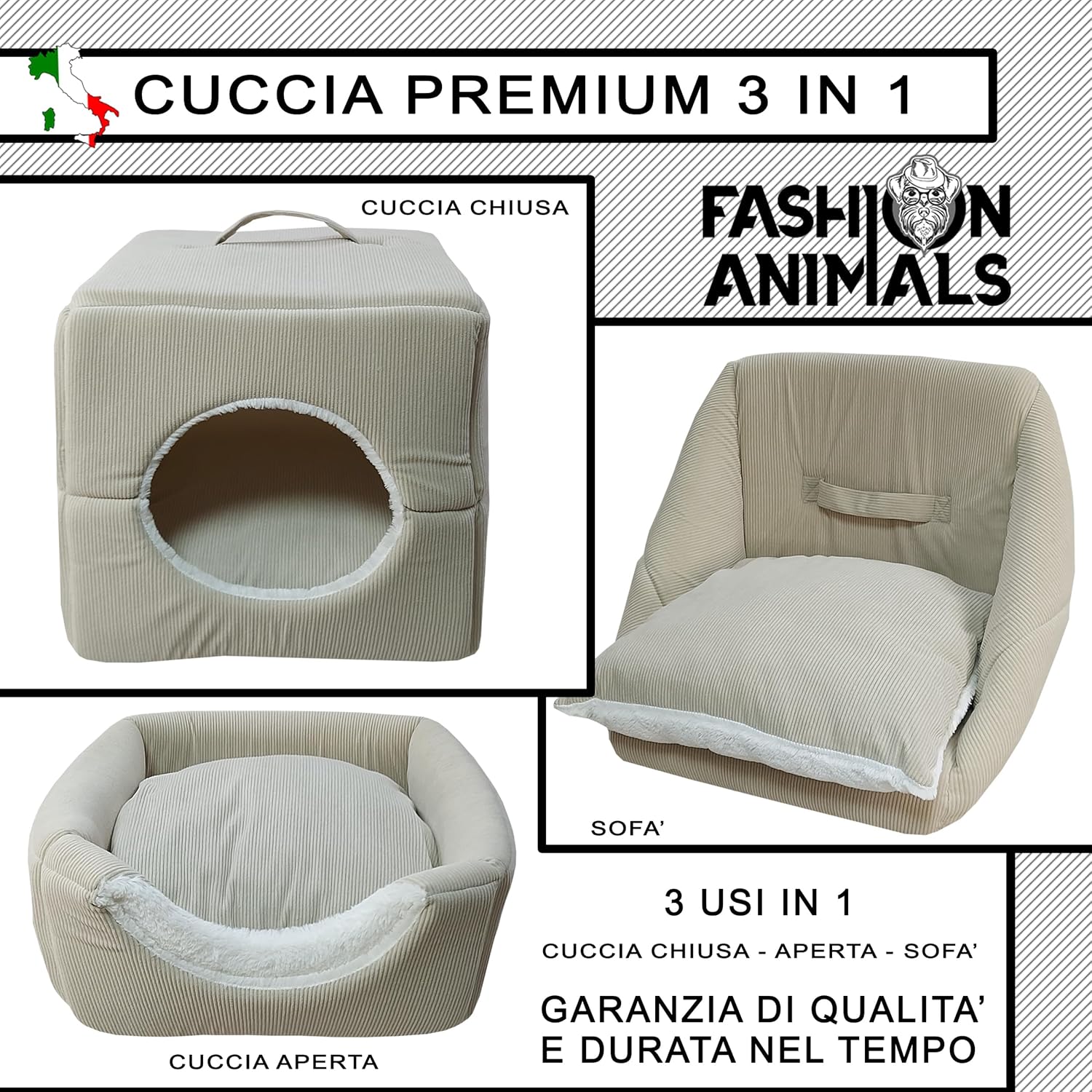 Cuccia Premium per cani e gatti - Letto morbido e confortevole - Base antiscivolo - Resistente e Facile da lavare (3 in 1-Beige)