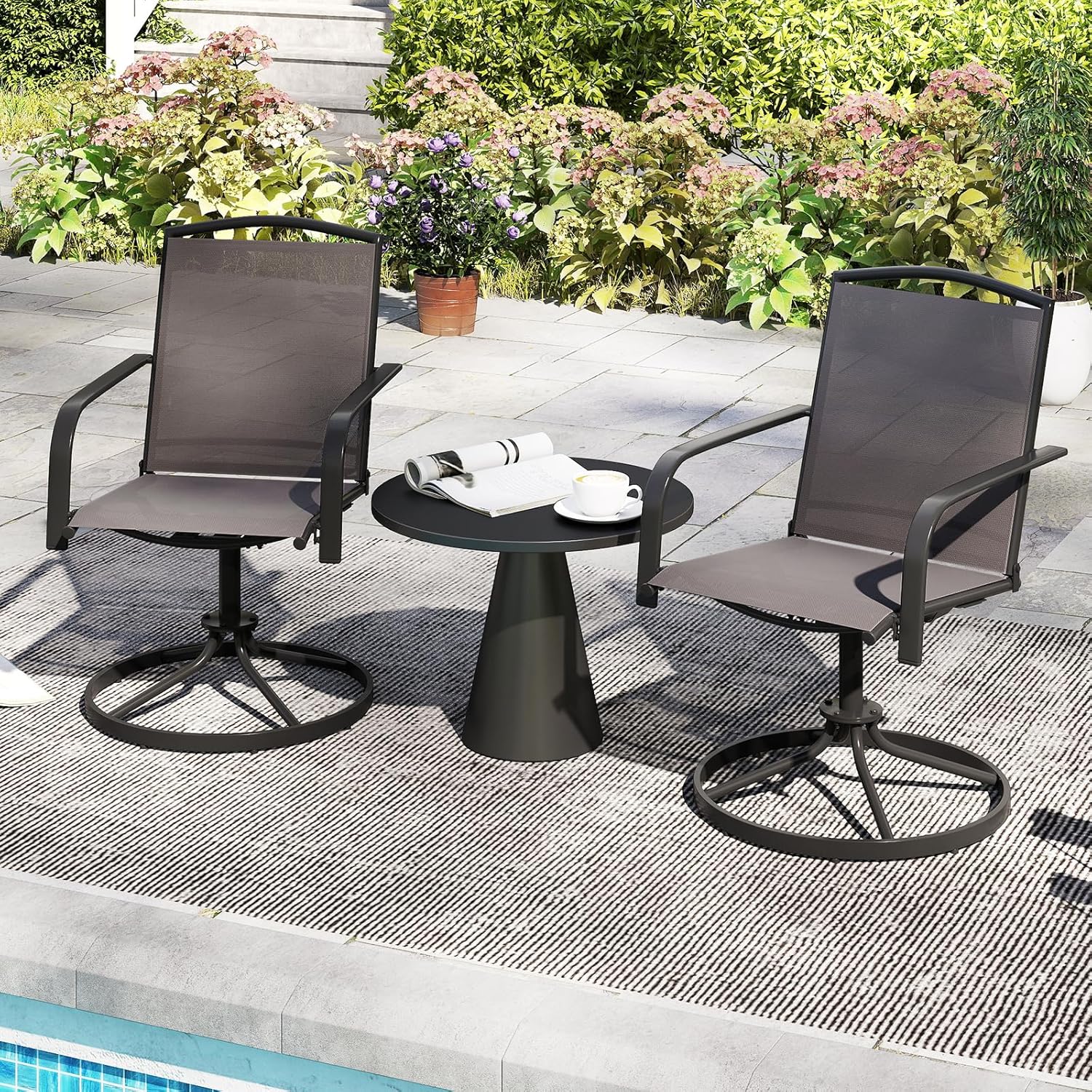 Set di 2 Sedie da Patio Girevoli, Poltrone a Dondolo in Rete a 360° con Schienale Alto e Base Rotonda in Metallo, Sedia a Dondolo Robuste per Giardino Balcone, Portata 150 kg (Grigio)