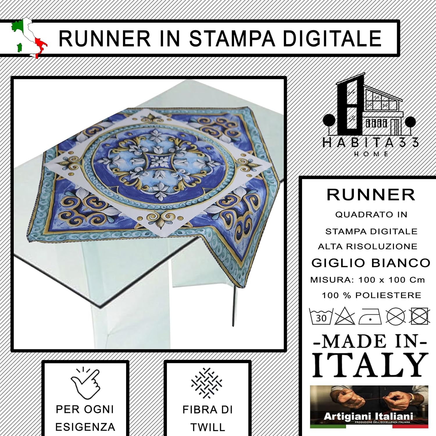 Runner da Tavola, Centrotavola Moderno per Mobili da interno o esterno Made in Italy (Giglio Bianco)