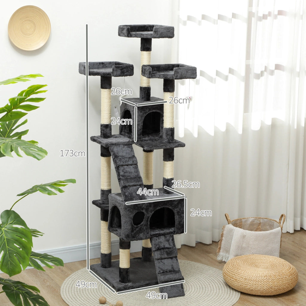 Tiragraffi multilivello grigio con cucce, scale e giochi