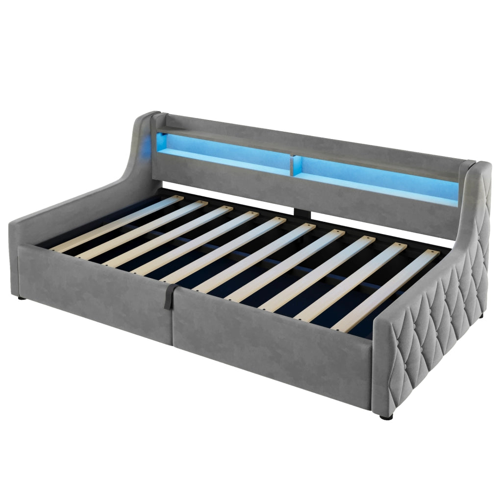 Letto singolo imbottito 90x200 cm in flanella grigia con contenitore idraulico e LED