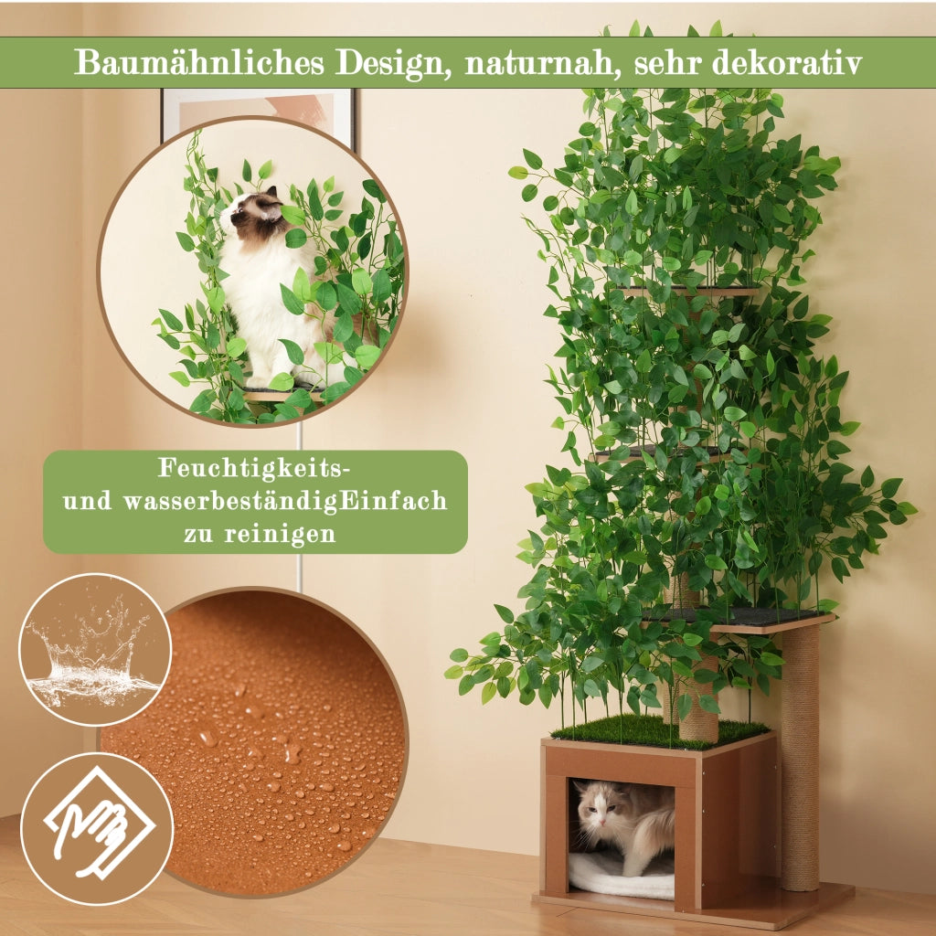 OKWISH Tiragraffi ad Albero, con 4 Piattaforme e Cuccia, per Arrampicarsi e Nascondersi, MDF, Verde, 60 x 45 x 190 cm