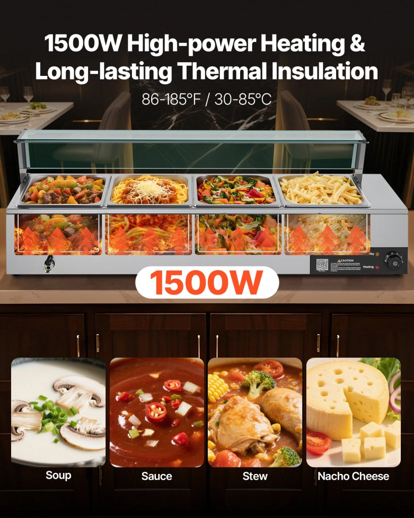 Scaldavivande Elettrico Commerciale 4 Contenitori 1/2 Acciaio Inox 1500W con Coperchio in Vetro per Catering Feste M-2214