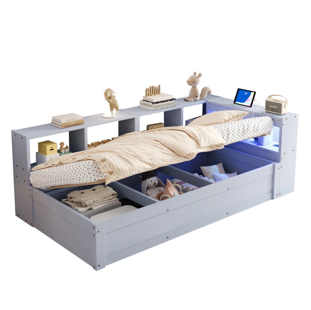 Letto multifunzionale 90x200 cm con LED, presa integrata e vano contenitore