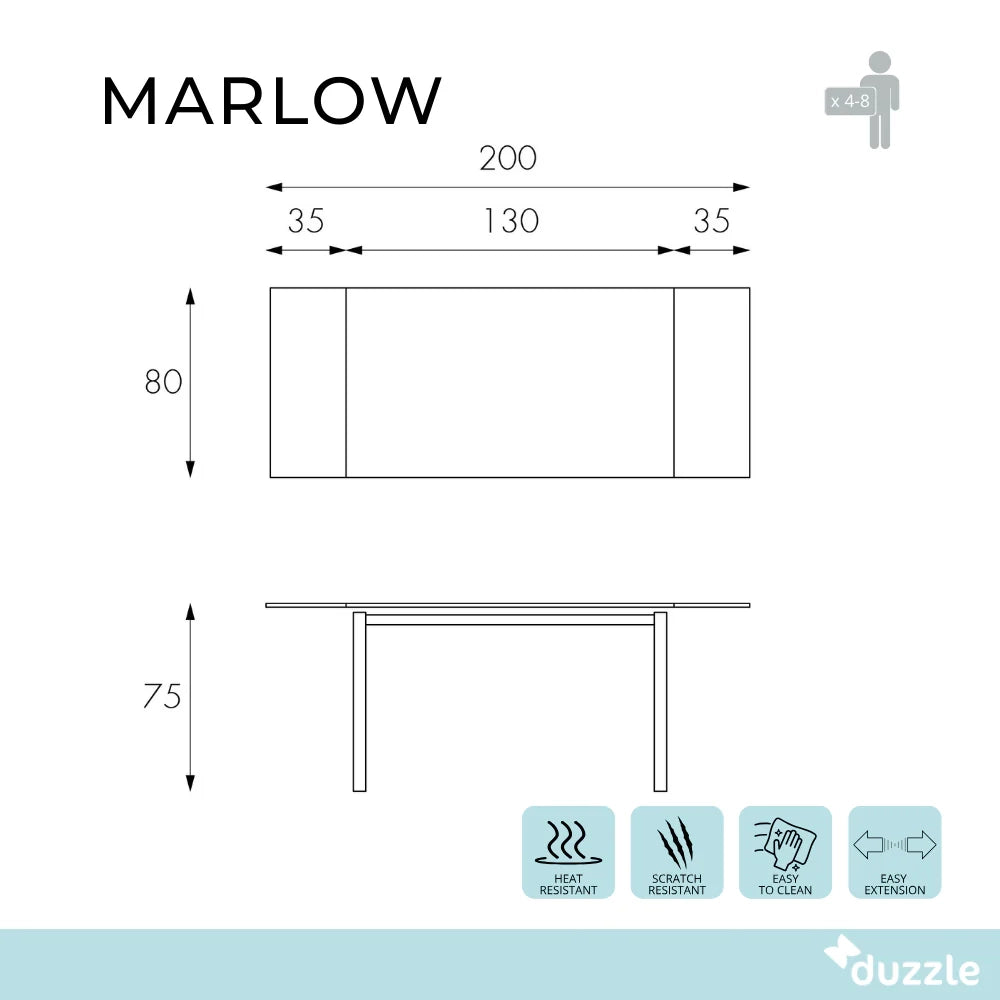 Tavolo da pranzo allungabile in vetro temperato bianco Marlow 130-200x80 cm fino a 8 posti | Duzzle