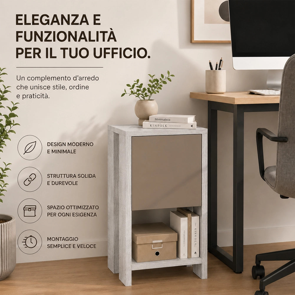 Comodino Mobiletto 2 Ripiani Anta Ribalta Tavolino Moderno Tortora Bianco Antico