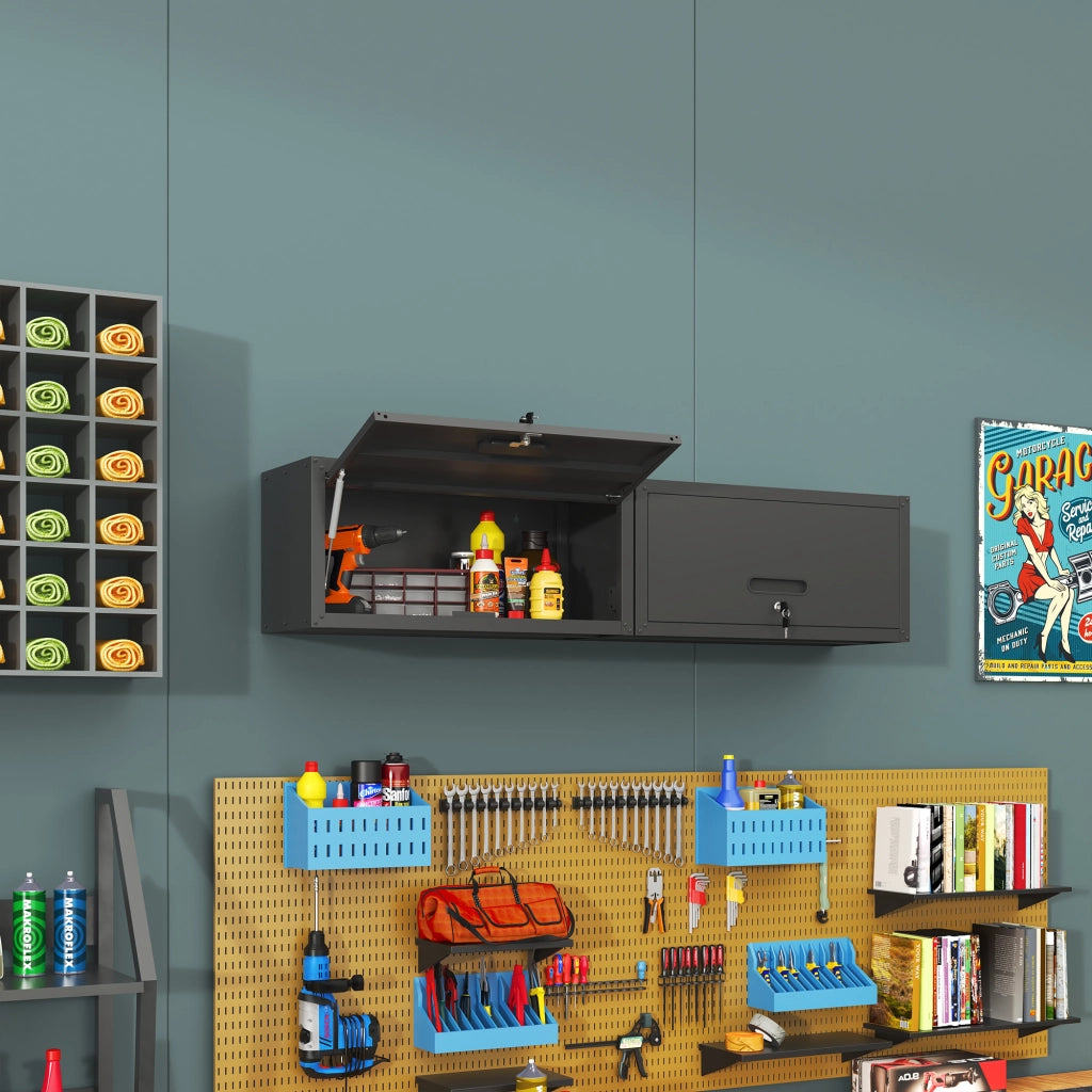 Armadio da parete in metallo con serratura, mobile contenitore per garage e officina, nero, H34,5 × L75 × P30 cm