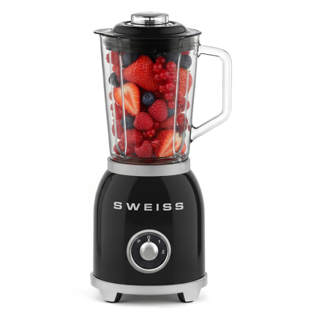 Frullatore frullato vintage a 2 velocità e funzione pulse MXV9, 6 lame in acciaio inox, capacità 1,5 l, ciotola in vetro, 1000 W, nero