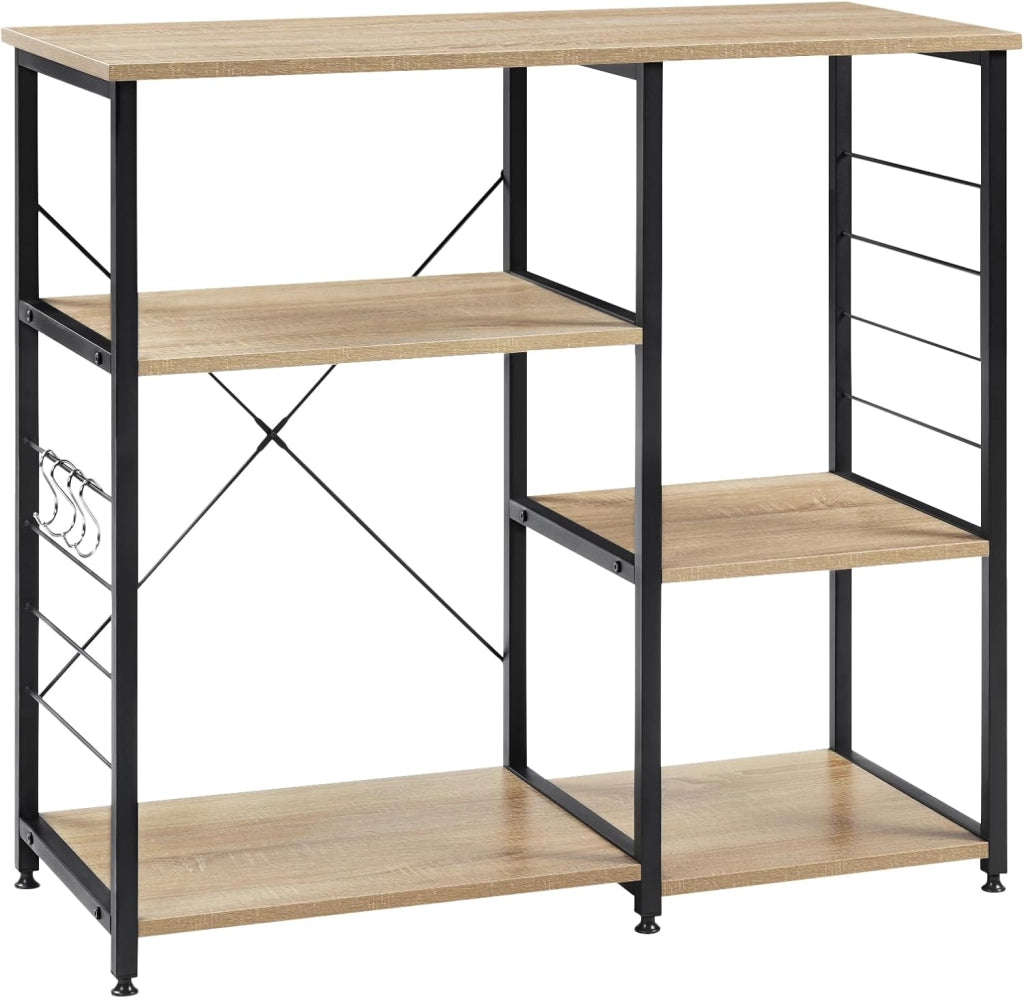 Scaffale da Cucina con 5 Ripiani in Legno, Supporto per Microonde con 4 Ganci, Struttura in Metallo & Legno, 90x40x83,5 cm, Rovere Chiaro+Nero