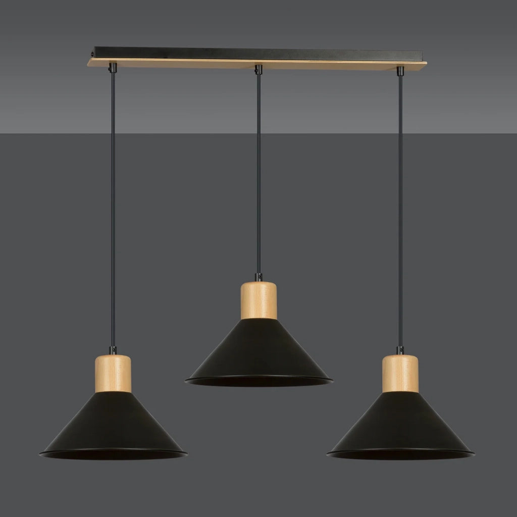 Sospensione Nordica 3 Luci Chandra In Acciaio Nero E Legno