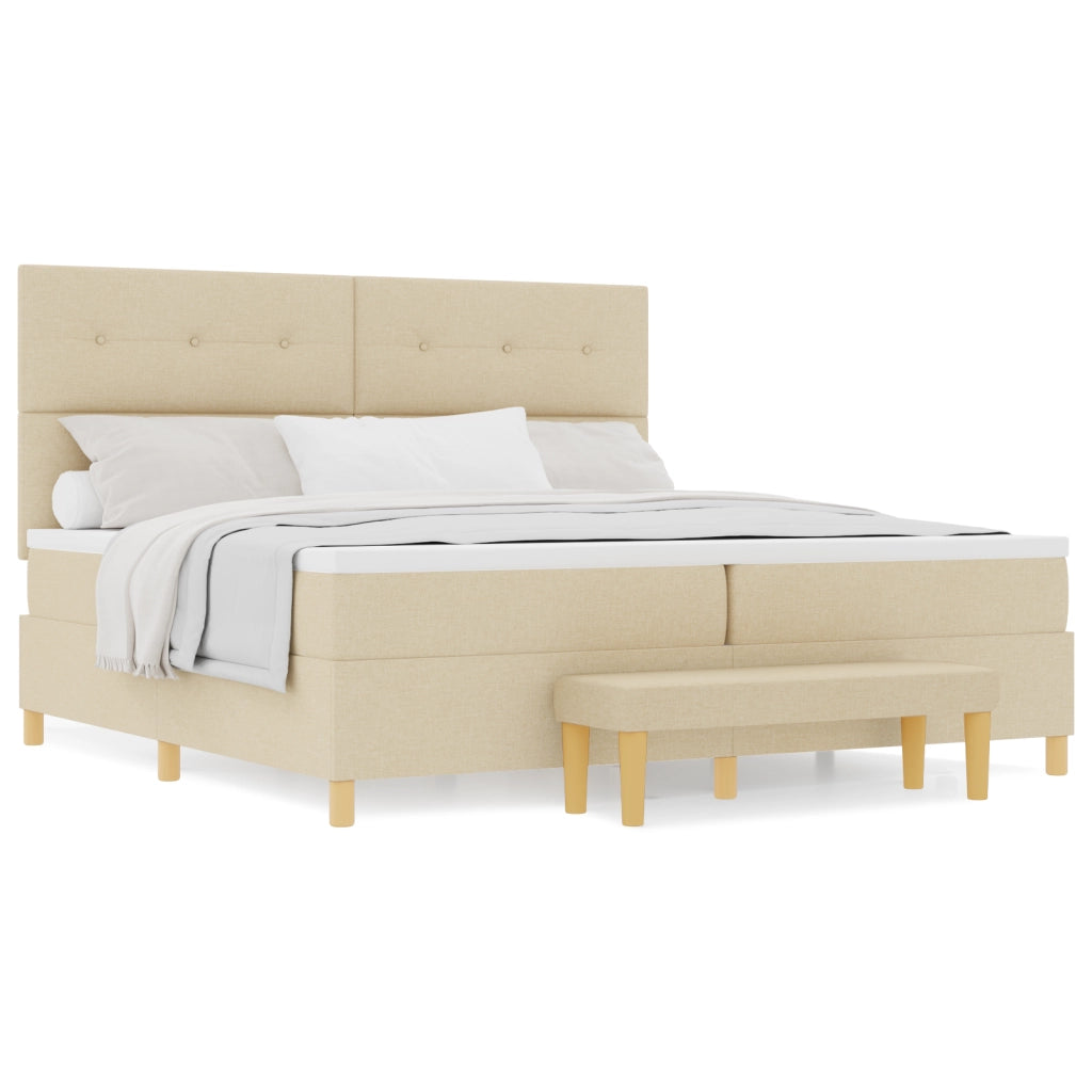 Letto Box Spring con Materasso e Panchetta Crema 200x200 cm Tessuto
