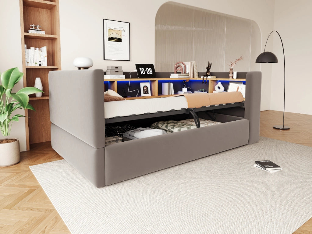 Divano letto imbottito 90x190 cm con vano contenitore idraulico, LED e prese, grigio scuro