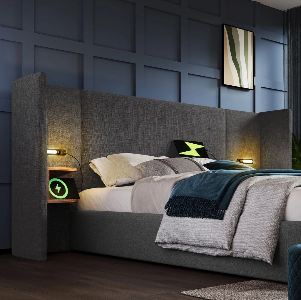 Letto imbottito contenitore 160 x 200 cm con materasso, luce e ricarica USB-C