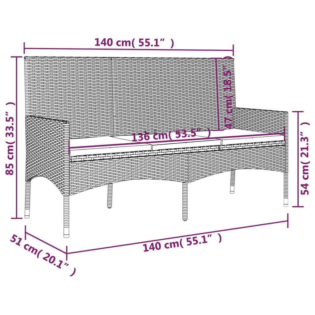 Panca da giardino mobile da giardino per esterni terrazza a 3 posti 140 x 51 x 85 cm con cuscini neri in resina intrecciata 02_0011792