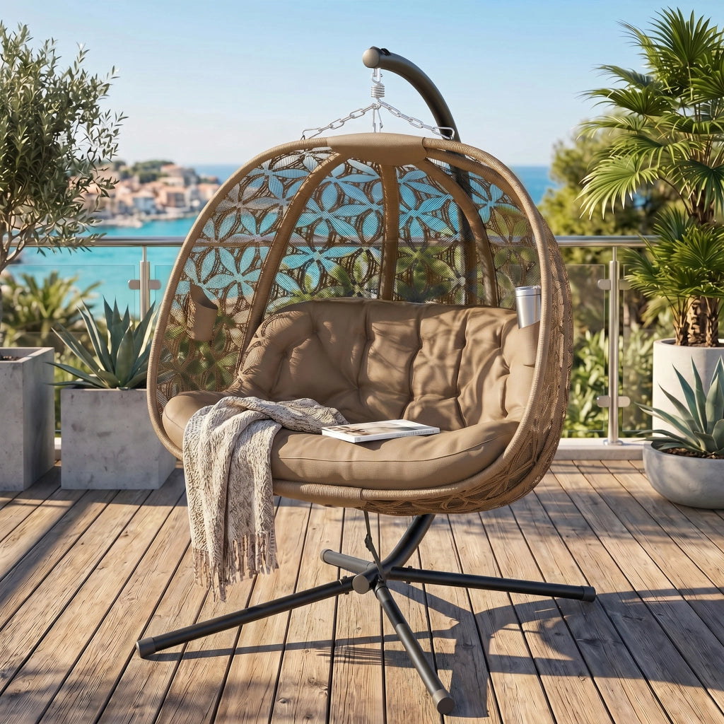 Poltrona pensile 2 posti pieghevole con supporto, sedia sospesa con cuscino imbottito, portabicchieri e cintura, per giardino e terrazzo