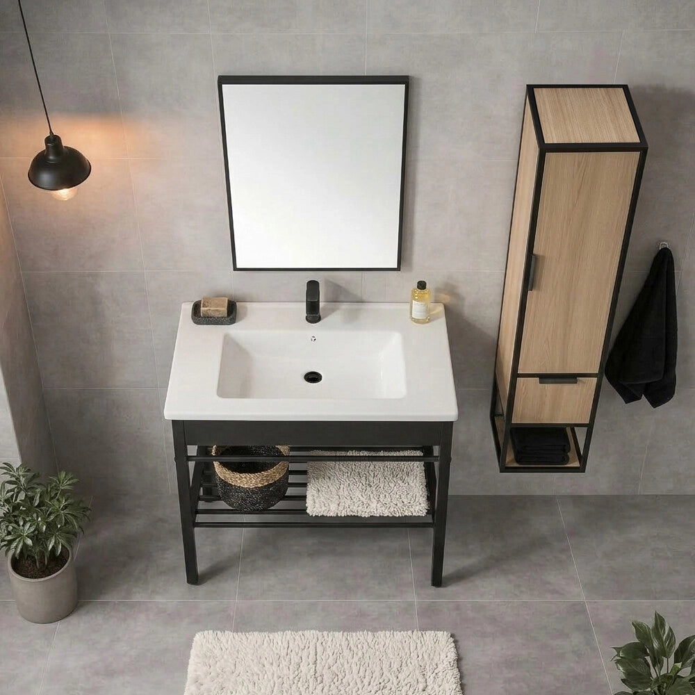 Mobile bagno a terra in metallo 60 cm nero opaco con specchio e pensile linea Borg