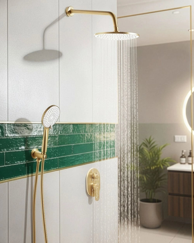 Set doccia a incasso in ottone oro 3 modalità di getto a pioggia Funzione doccia a parete Sistema doccia a sospensione Stile moderno
