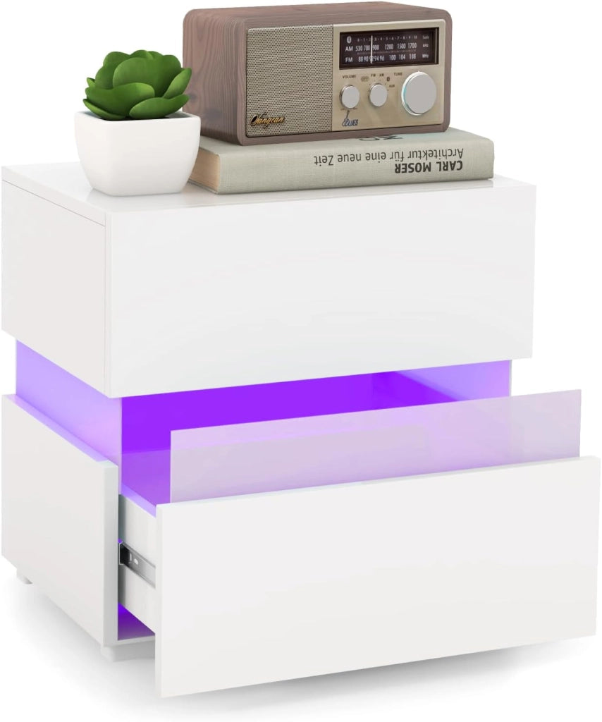 Tavolino a LED, Tavolino con Cassetto, Telecomando, 22 Modalità di Luce, 10 Velocità e 5 Luminosità, Comodino Moderno da Salotto e Camera da Letto (1, Bianco)