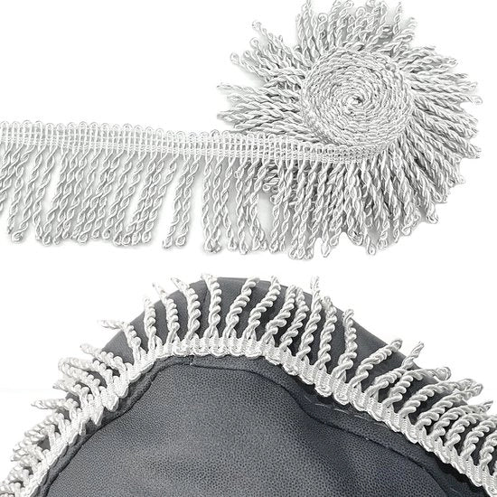 Franze di Bullion 3 metri, argento, diametro 55 cm, poliestere per tende, sciarpe, coperte, ricamo.