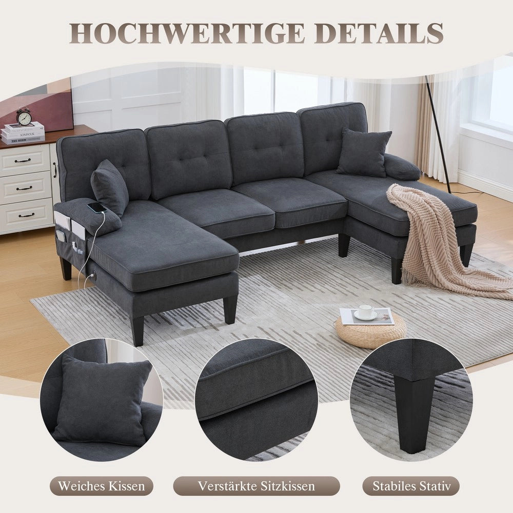 Divano 4 posti con Chaise Longue ¨C Minimal ¨C Grigio scuro tessuto imbottito con cuscini gambe in metallo