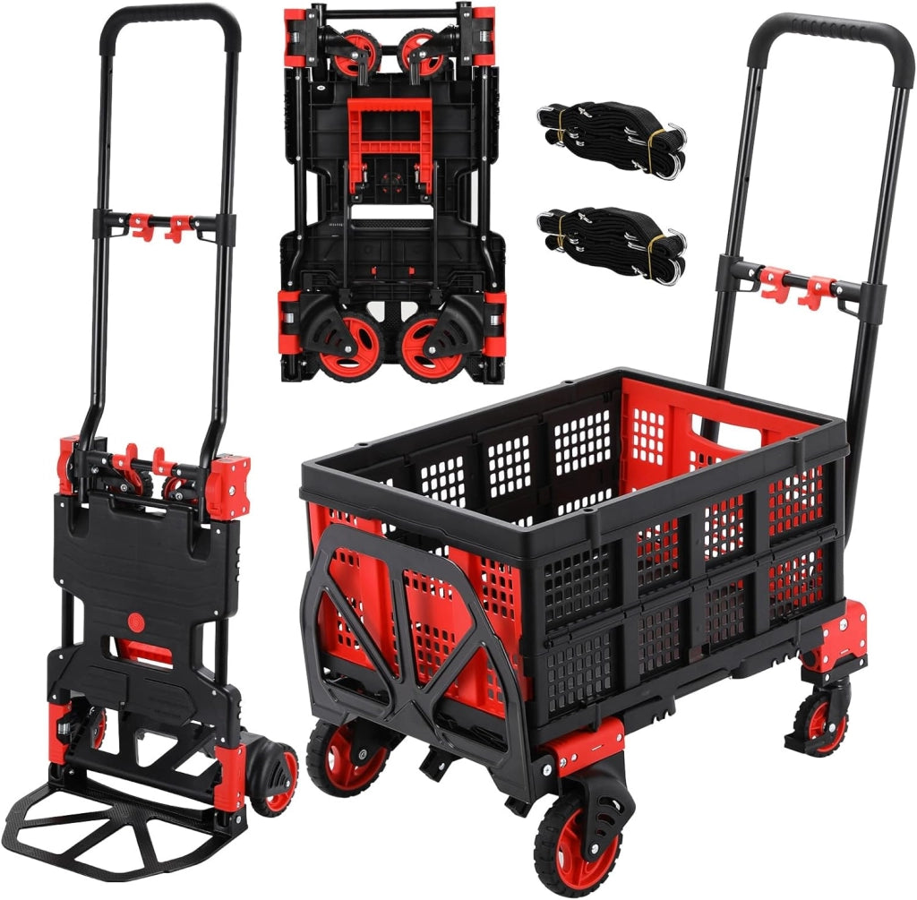 Carrello 2-in-1 con con Grande Scatola Pieghevole, Carrello a Piattaforma max. 150 kg, 2 Elastici con Gancio, Regolabile in Altezza a 3 Livelli, per Trasporto, Shopping, Campeggio, Trasloco (Rosso)