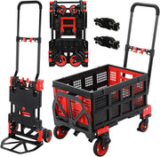 Carrello 2-in-1 con con Grande Scatola Pieghevole, Carrello a Piattaforma max. 150 kg, 2 Elastici con Gancio, Regolabile in Altezza a 3 Livelli, per Trasporto, Shopping, Campeggio, Trasloco (Rosso)