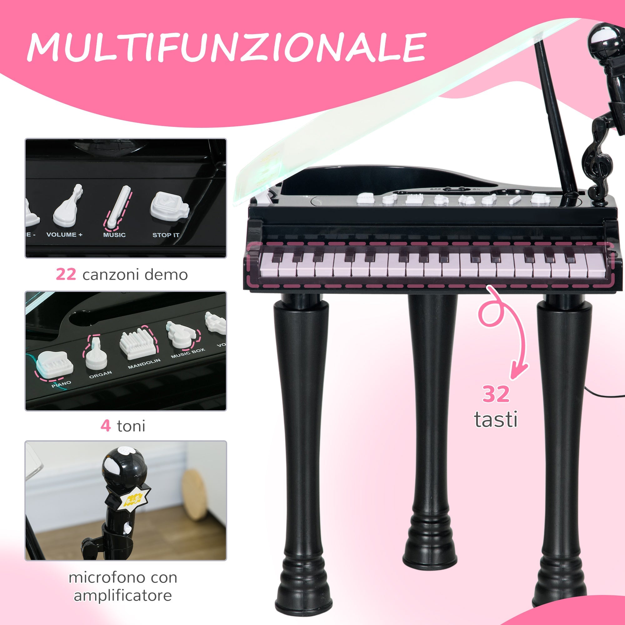 Mini Pianoforte Giocattolo per Bambini a 32 Tasti con Sgabello Microfono Musiche Luci e Gambe Rimovibili Nero