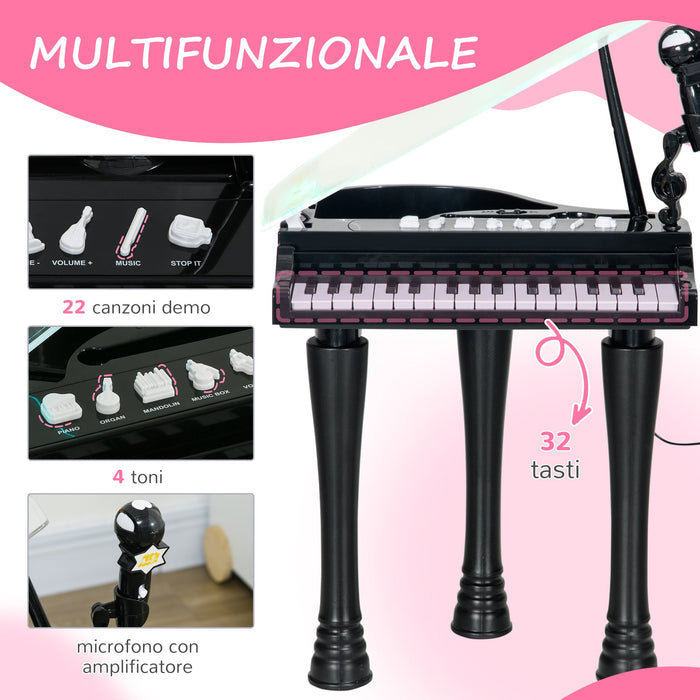 Mini Pianoforte Giocattolo per Bambini a 32 Tasti con Sgabello Microfono Musiche Luci e Gambe Rimovibili Nero
