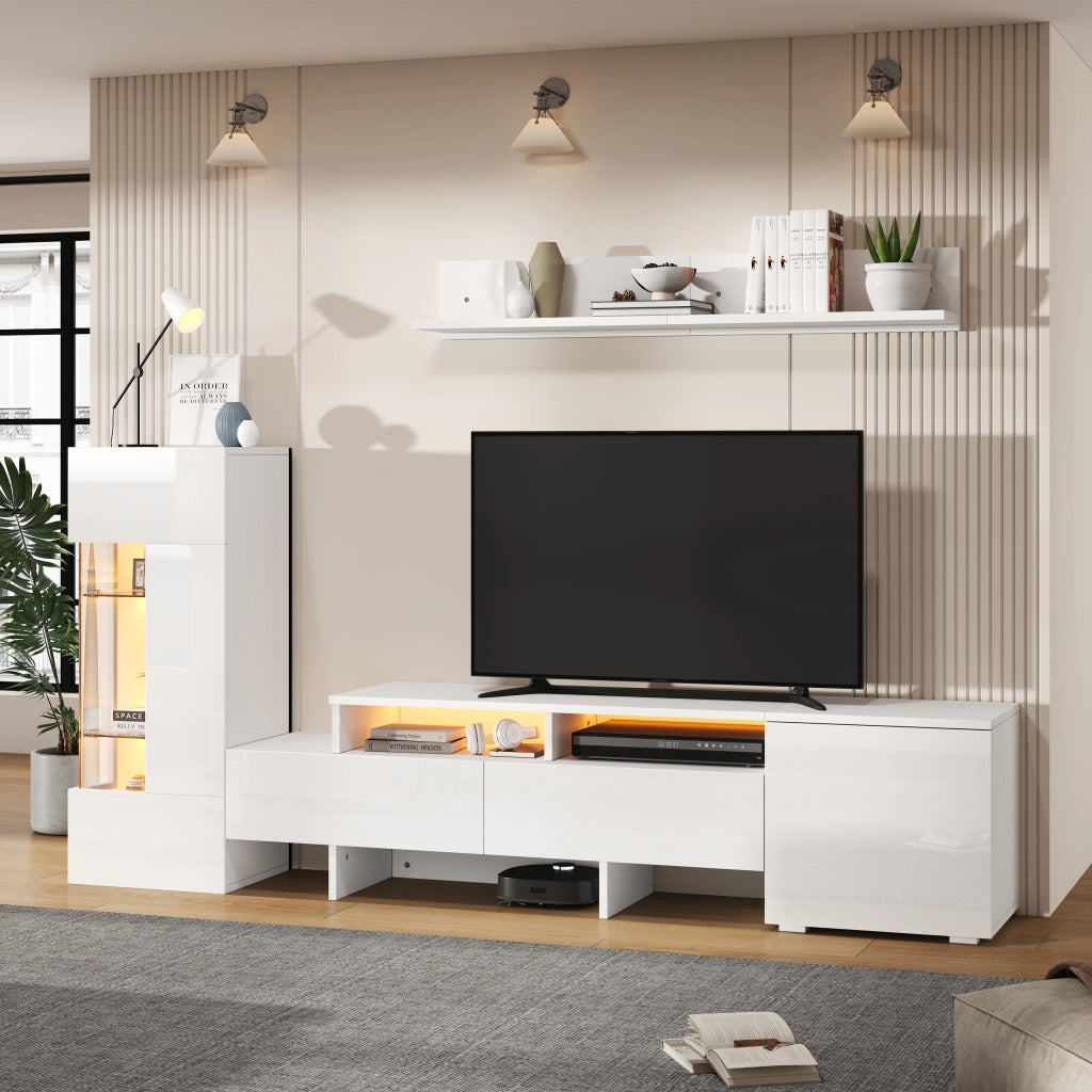 Set mobile porta TV con LED e fronti lucide, 1 anta, 2 cassetti e 2 vani aperti, stile moderno, per soggiorno, bianco