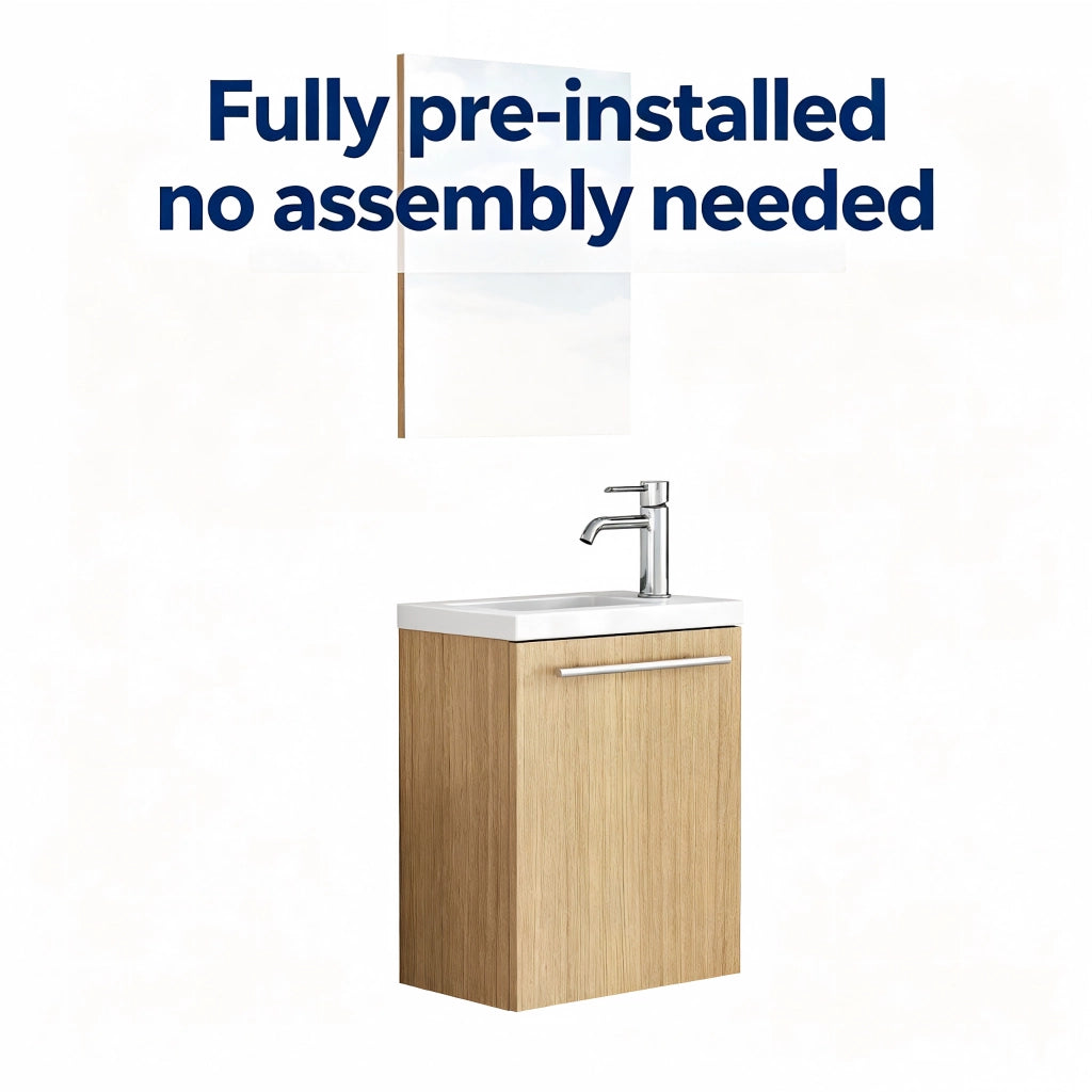 Mobile bagno sospeso con lavabo in ceramica e specchio; cerniere ammortizzate e maniglie in metallo; per bagno; in MDF; rovere