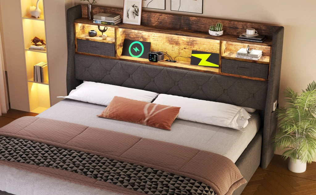Letto matrimoniale imbottito 180x200 cm in lino grigio con contenitore; LED e ricarica USB/Type-C