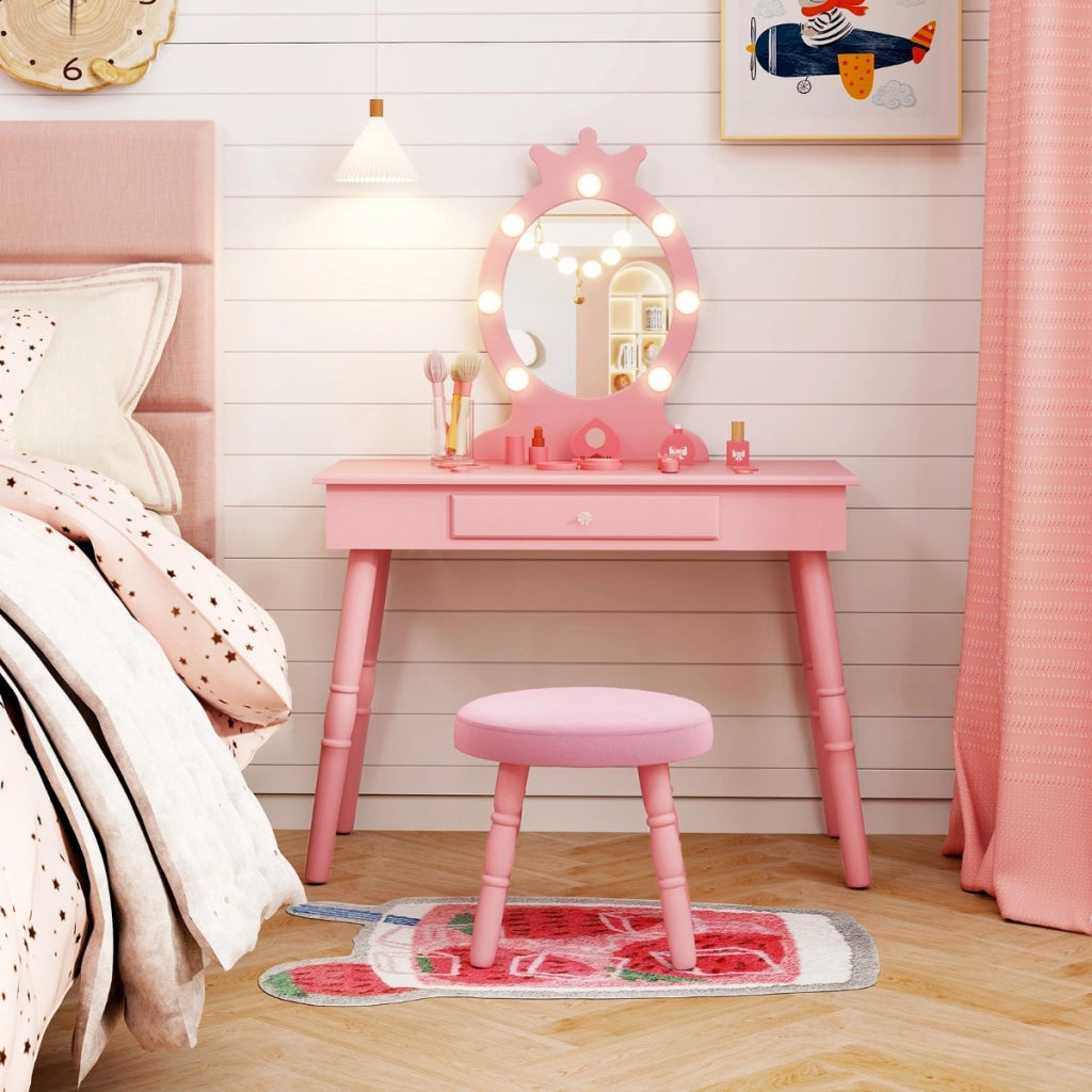 Set da trucco per bambini con specchio illuminato, Set di trucco per principesse con tavolo e sedia regolabili Rosa-Toelette per bimbi
