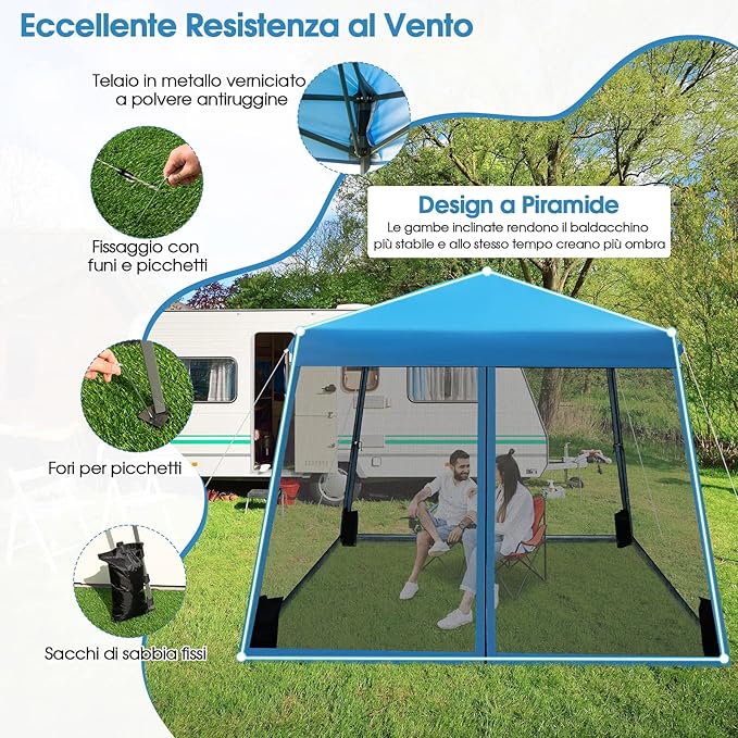 Gazebo Pop-up da Giardino 3 x 3 m, Tenda per Feste con Altezza Regolabile (237/255/246 cm), Gazebo Pieghevole da Esterno con Rete Impermeabile, per Campeggio, Giardino, Mercato (Blu)