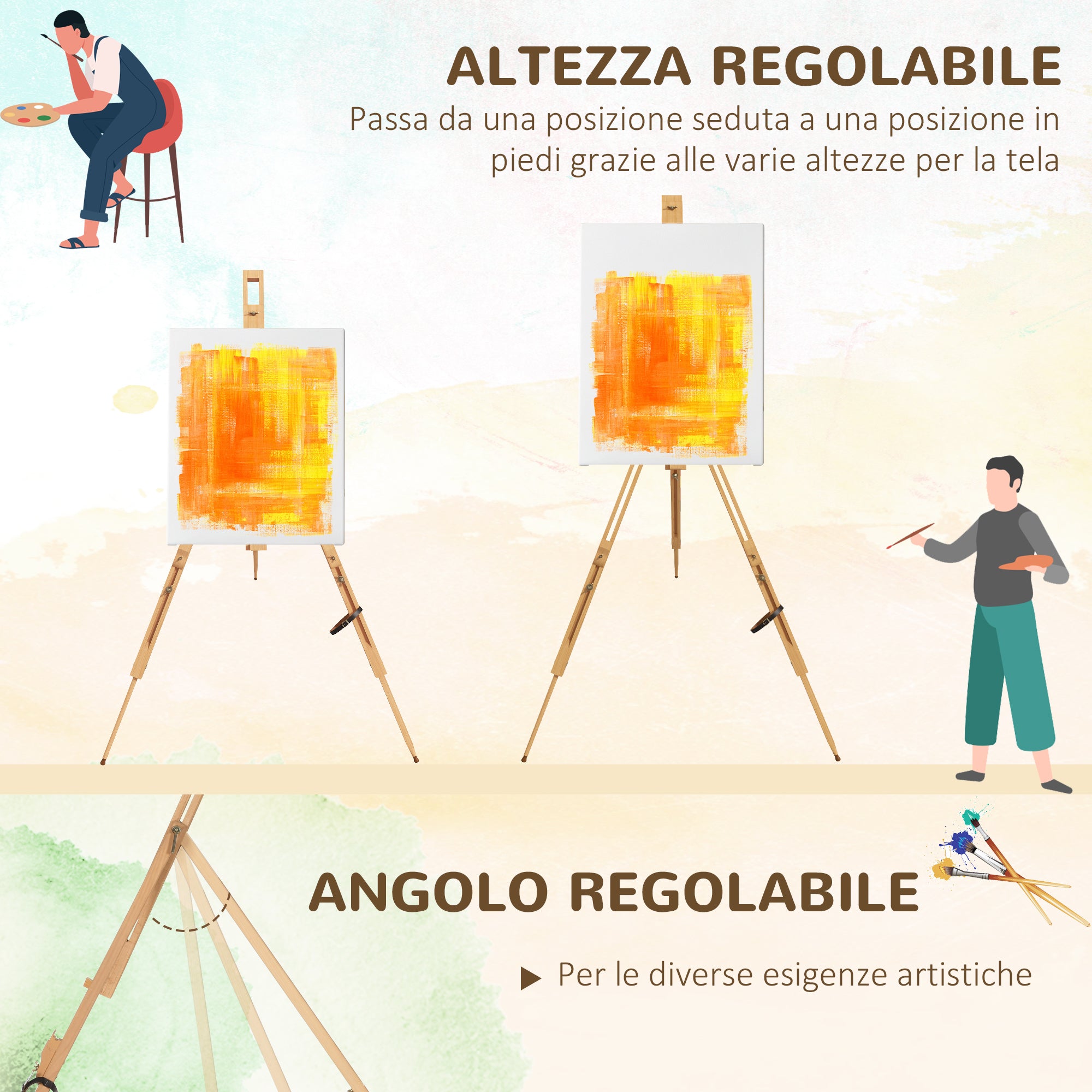 Easycomfort Cavalletto per Pittura Salvaspazio in Legno di Faggio con Altezza e Angolazione Regolabile, 93x84x183 cm