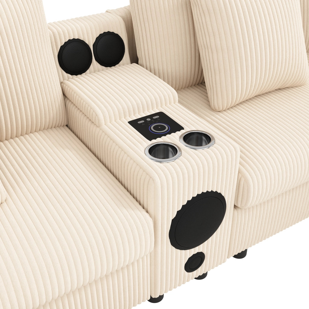 Divano modulare 4-6 posti 315,5 cm in velluto a coste beige con console Bluetooth