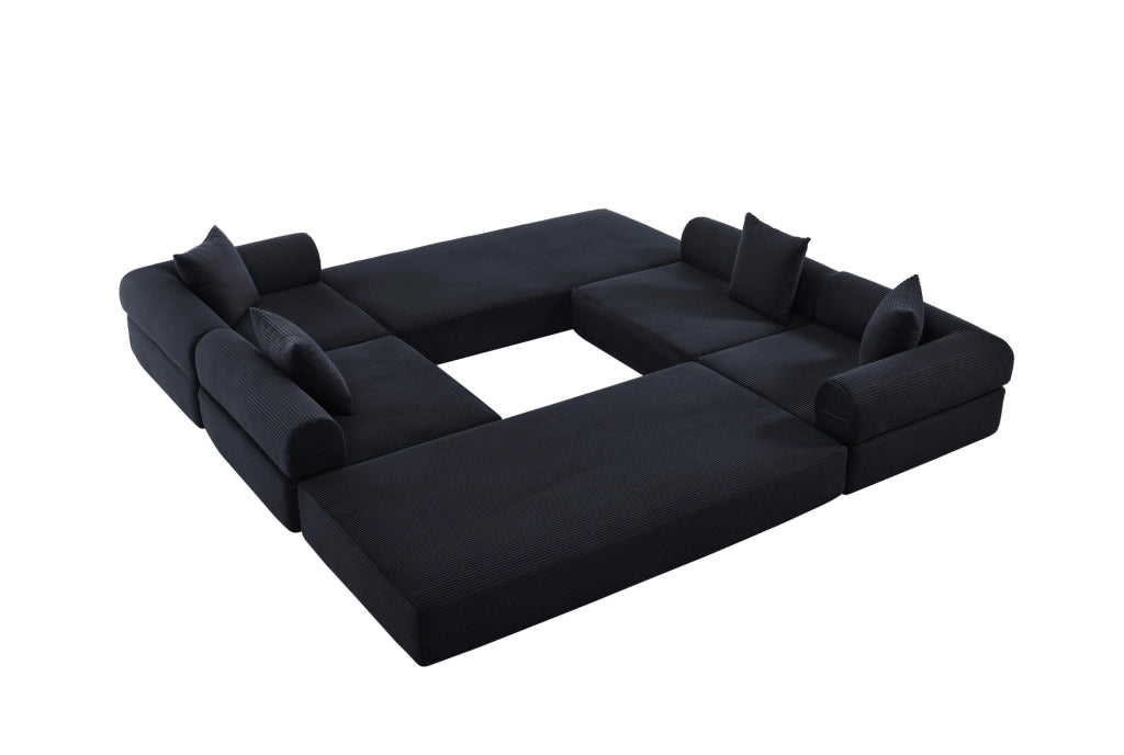 Divano modulare 270x180x64 cm trasformabile in letto con tasca laterale in velluto a coste nero