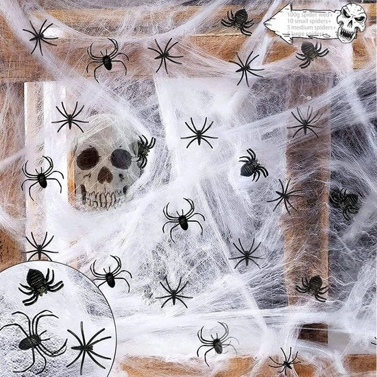 Decorazione per Halloween con Spinnenweb 100 g - Versatili Spinnenweb - Aspetto Realistico - 20 Spinnen Neri - Copre fino a 20 m²