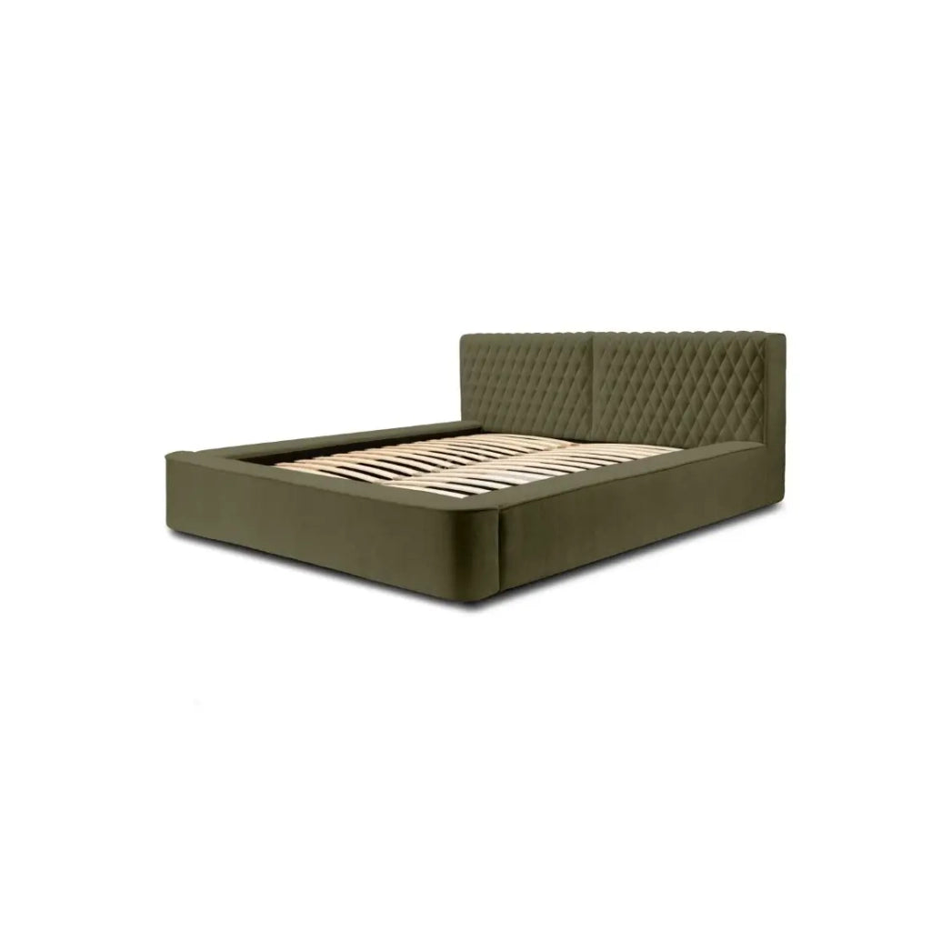 Letto contenitore VERNON – Tessuto ciniglia bouclé Foglia di ulivo – 180x200 cm – Rete sollevabile – Design di alta gamma