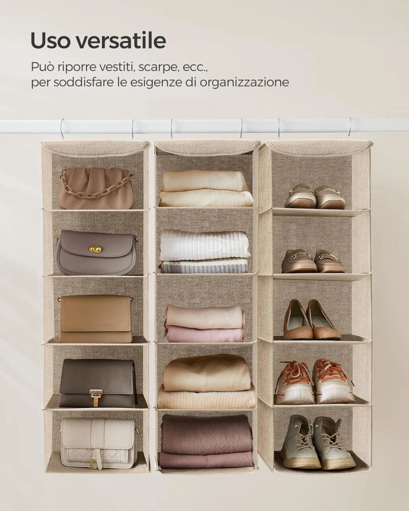 Set di 2 Portaoggetti da Appendere, Organizer Armadio da Appendere, Pieghevole e Salvaspazio, con Ganci in Metallo e Divisori Interni in Bambù, Stampa in Simil Lino, Beige Sabbia RCH005Y02