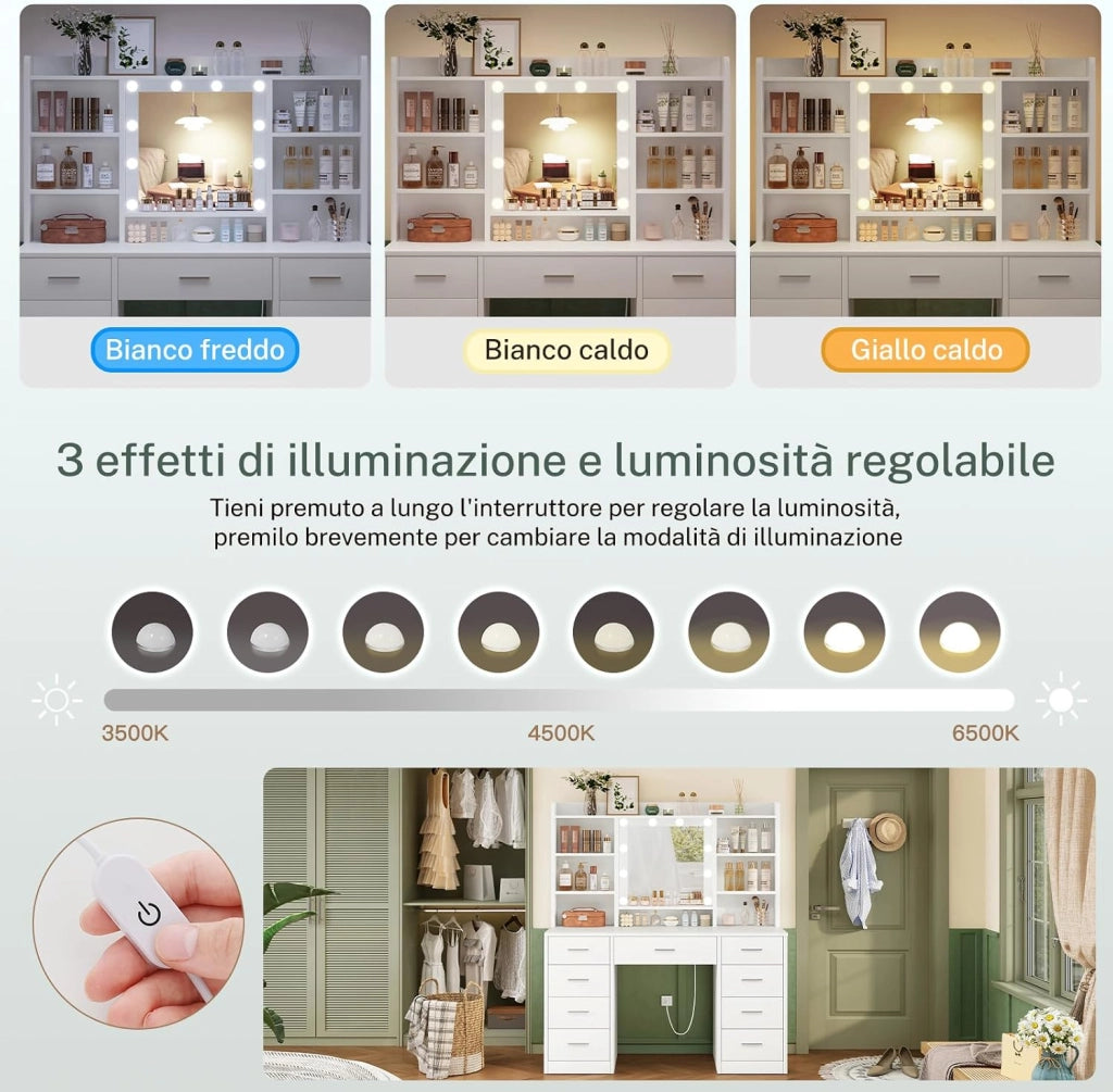 Toeletta Trucco con Luci, Led Regolabili, 3 Colori Regolabili, Toletta con Grande Specchio,Presa,Bianco, 9 Cassetti e 6 Ripiani Aperti