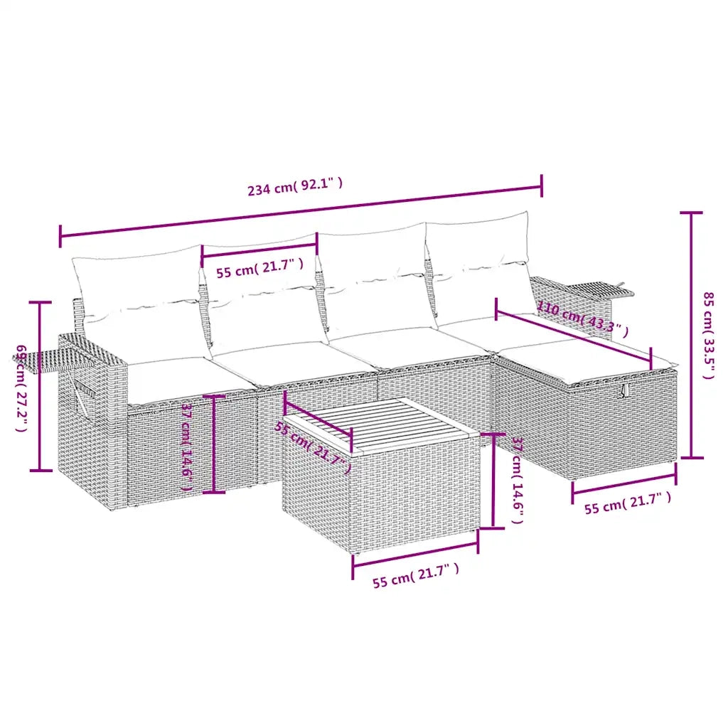 Set Divano da Giardino 6 pz con Cuscini Beige in Polyrattan