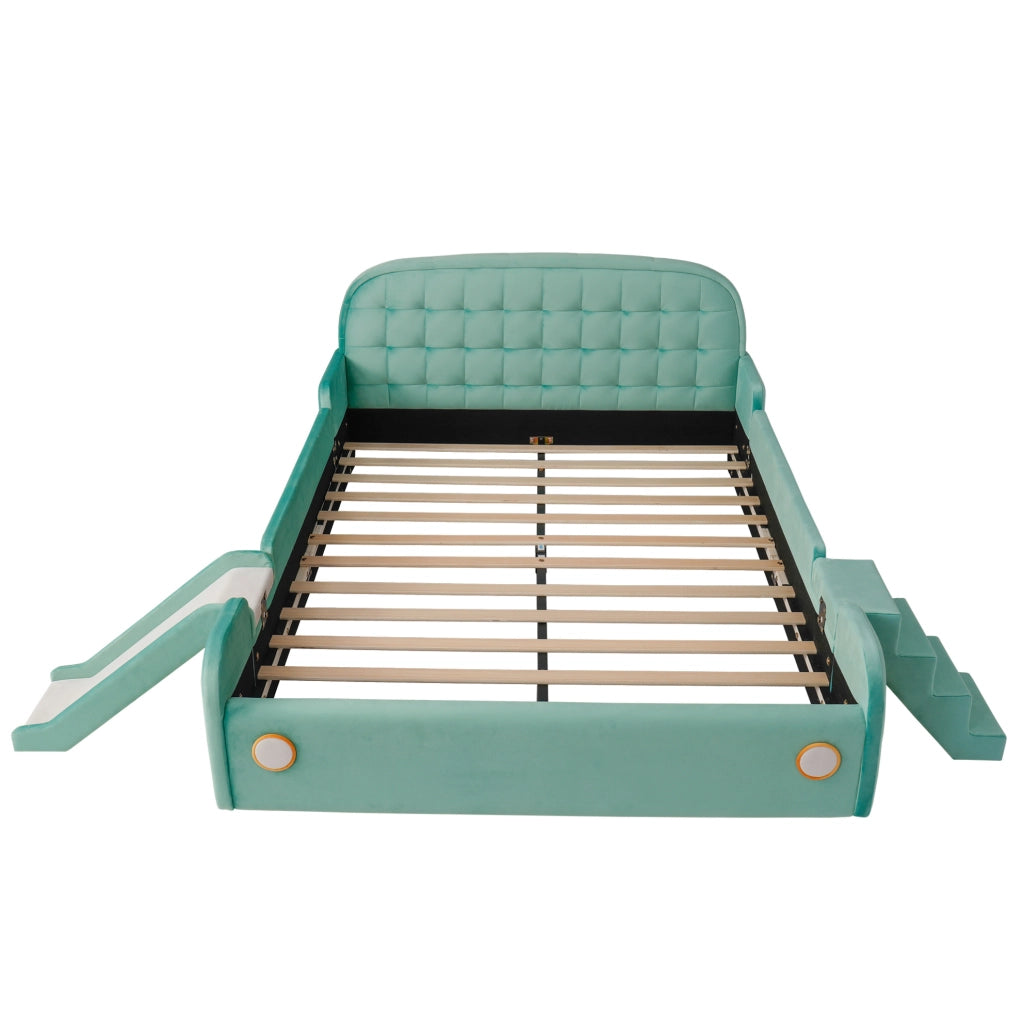 Letto per bambini 140x200 cm a forma di auto con scivolo e scala reversibili in velluto blu-verde