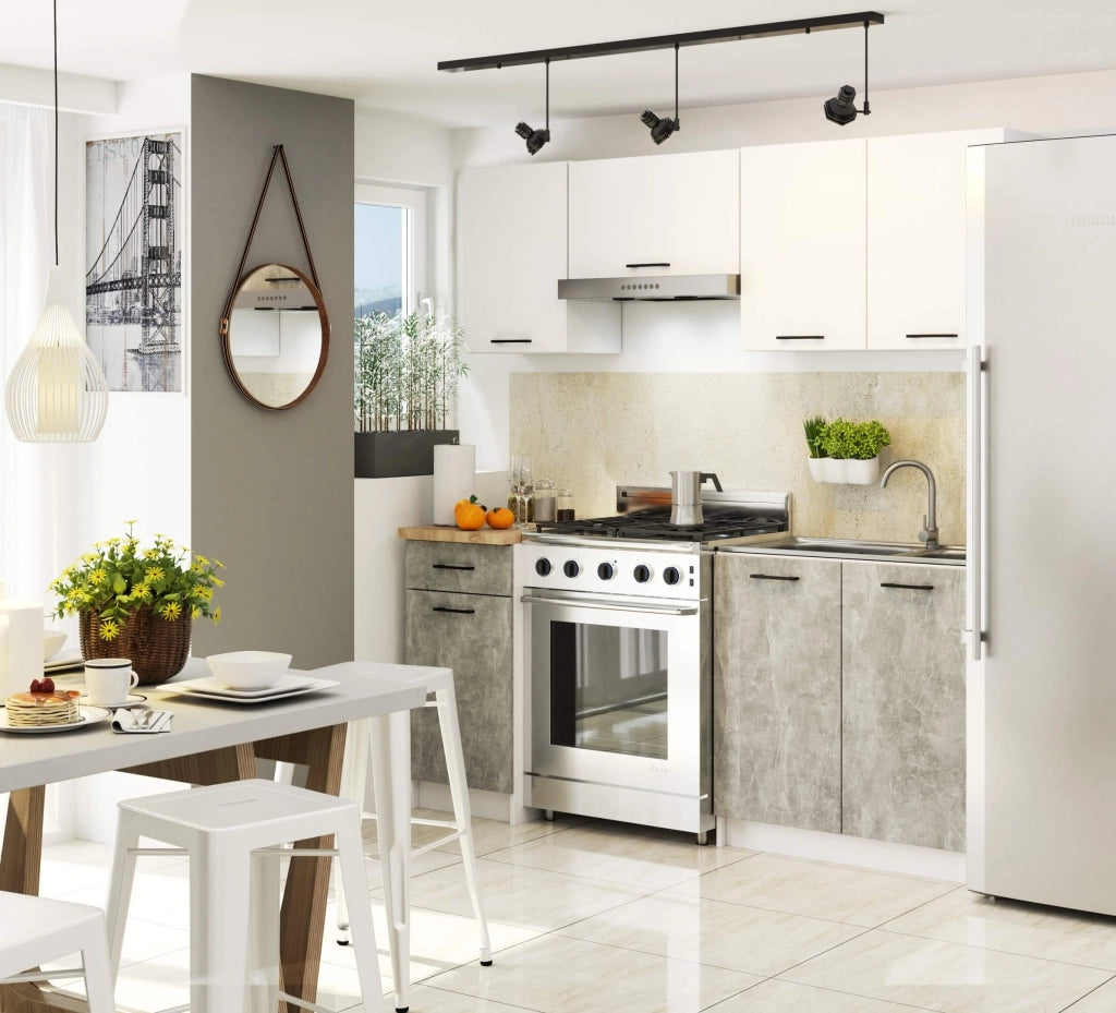 AKORD Set di Mobili da Cucina OLIWIA 180 cm Bianco 180 cm 7 ante 1 cassetto inserto frontale Cemento 180x46x203 cm