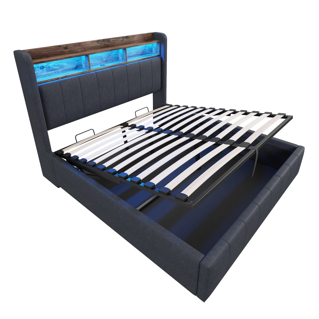 Letti contenitori 140x200 cm; LED e USB; contenitore idraulico; lino; grigio