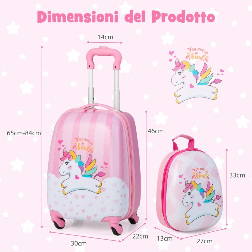 Set di 2 valigette per bambini da viaggio con ruote girevole 360¡ã, Trolley bimbo e zaino Binaco e rosa