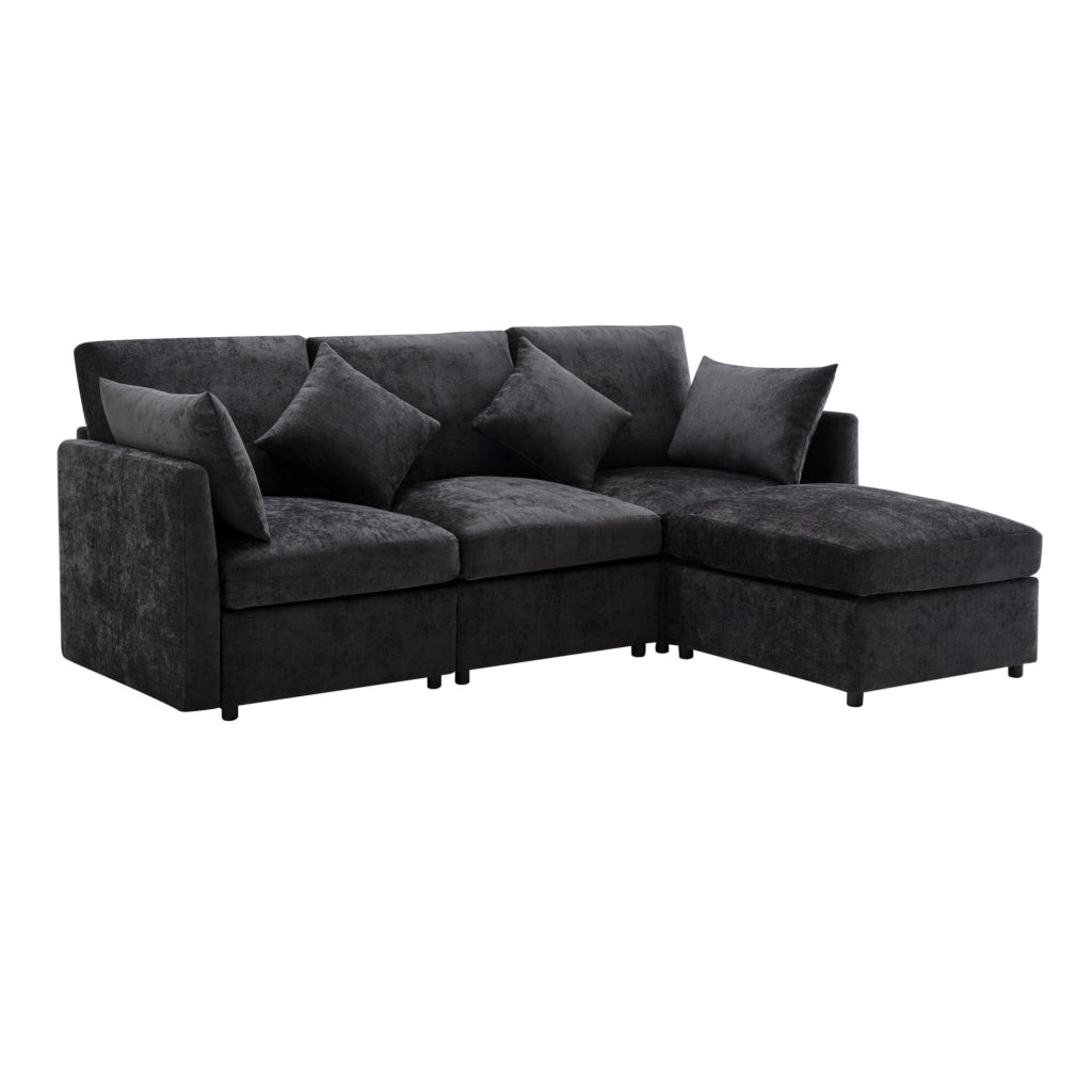 Divano modulare angolare a L con pouf mobile e 4 cuscini in ciniglia, grigio