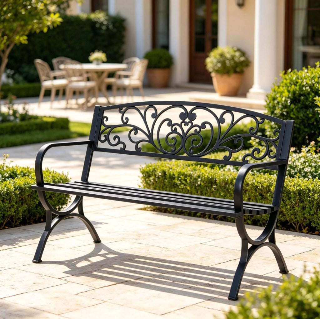 Panchina da giardino per 2 persone 127x60x85 cm in acciaio e ghisa; nera