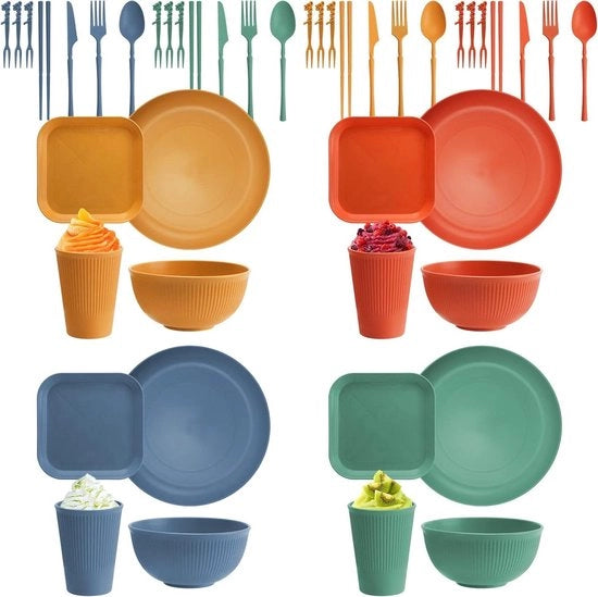 Set di servizio plastico onbendibile per 4 persone - piatti piatti dessert coppe tazze posate forchetta per frutta - libero da BPA - leggero - adatto a bambini e adulti.