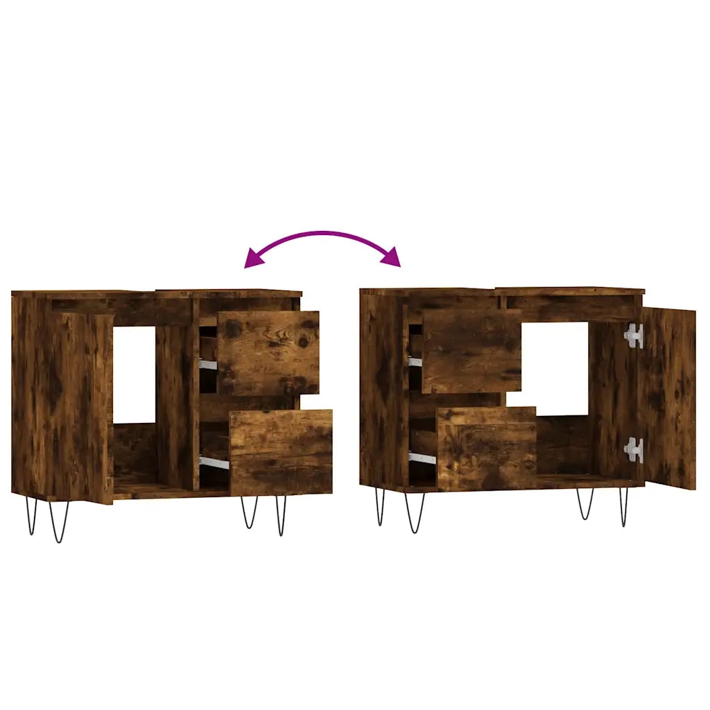 Mobiletto da bagno con vani portaoggetti anta cassetti 65 x 33 x 60 cm stile industriale legno composito finitura rovere affumicato 02_0049044