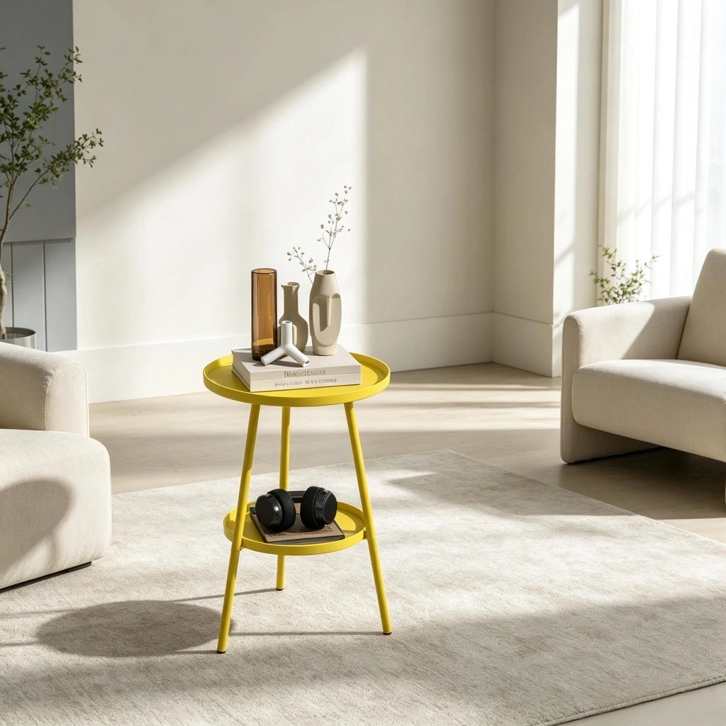 Tavolo da giardino bistrot in metallo a 2 ripiani con bordo curvo, per interno e esterno, giallo, Ø 32 × 51 cm